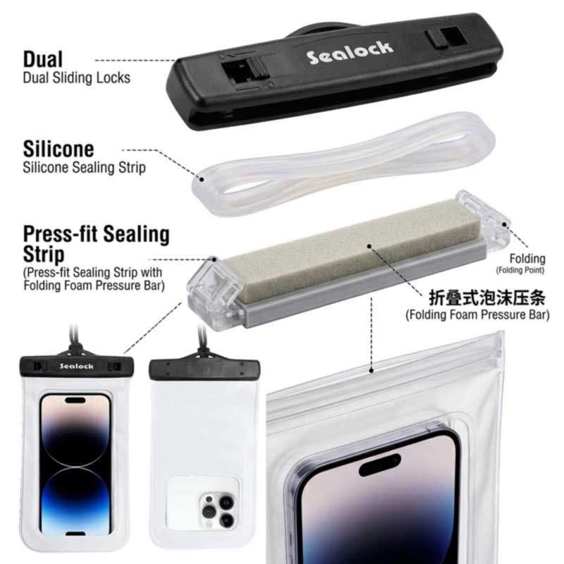 Silicone sealing strip under dual slide locks and a press-seal strip with fold-over foam compression bar